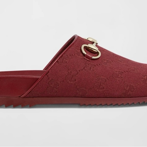 Gucci "Sol" monogram cotton canvas mules with golden bit strap /color burgundy - Picture 7 of 15